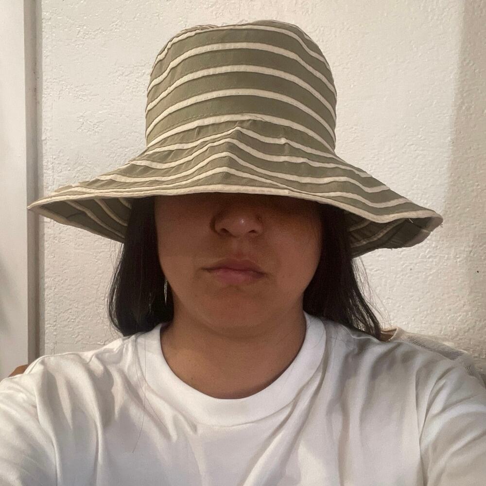 Sur La Tete Striped Sage Green Wide Brimmed Bucket Sun Adjustable Hat Vacation